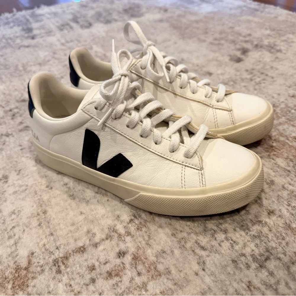 Veja Campo White and Black Leather Sneakers - Picture 2 of 8